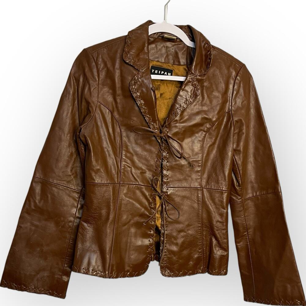 Teipan Leather Jacket Women's 4 Brown Lace Up Stitching Western Retro Y2K FLAWS